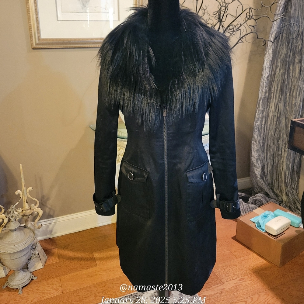 Bebe Satin Trench Coat Removable Fur Collar Designer Luxury Celebrity #83